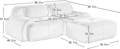 80" Modern Corduroy Boneless Love Seat Couches with 1 Ottoman, 2 Seater Large Sectional Couches for Living Room, Blue Cloud Modular Sectional Sofa, Memory Foam, Extra Deep Loveseat, No Assembly