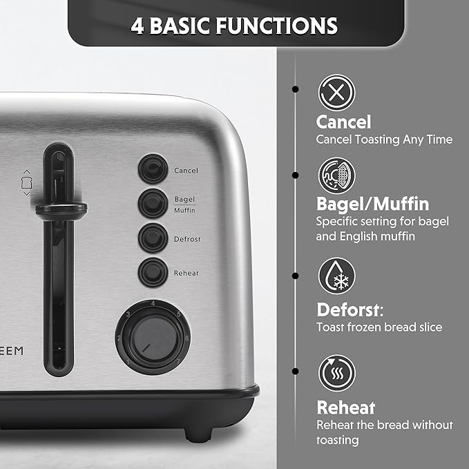 BUYDEEM DT640 Retro 4 Slice Toaster, 7 Shade Settings, Extra Wide 1.5'' Slots