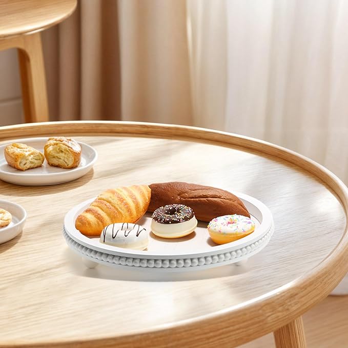 Wooden Beaded Decor Tray for Coffee Table, Rustic Wooden Trays Table Centerpieces, Decorative Trays for Home Decor Kitchen Table Farmhouse Serving Tray (Round White)