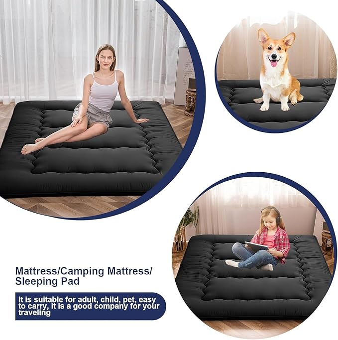 Japanese Floor Mattress,Thicken Japanese Floor Sleeping Pad Foldable,Roll Up Tatami Mat Easy to Store and Portable,Futon Mattress Suitable for Camping and Guest Room (Black, Queen (80" X 60"))