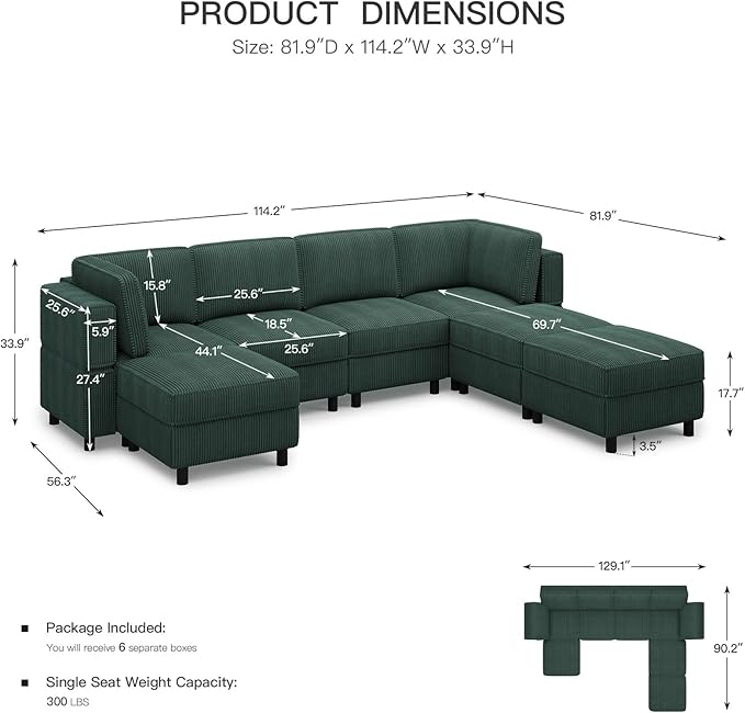 114.2" Modular Sectional Sofa with Deep Storage Seat,Corduroy 7 Seat U Shaped Sofa Couch,Modular Sofa Couch with Movable Ottoman Chaise,Upholstered Sectional Couches for Living Room,Green
