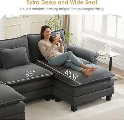 URRED Cloud Couch Modular Sectional Sofa, 122'' Modern L Shaped Deep Seat Sofa with Ottoman & Pillows, Ultra Comfy Velvet Couches for Living Room, Bedroom or Apartment, Dark Gray