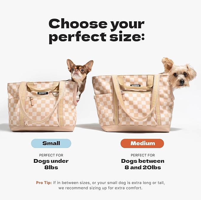 Transit Tote Dog Carrier for Small Dogs Under 8 lbs, 16x11x8 Soft-Sided 4-Pc Set with Waterproof Base, Plush Insert, Food Pouch, Mesh Head Opening - Small, Checkerboard