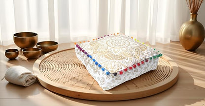CRAFT KALA 16" Square Large Hippie Mandala Meditation Floor Ottoman Pillow Cushion Pouf Cover Square Poufs Bohemian Circle Floor Cushion Case Outdoor Fireplace Living Decor Cover White Gold Flower