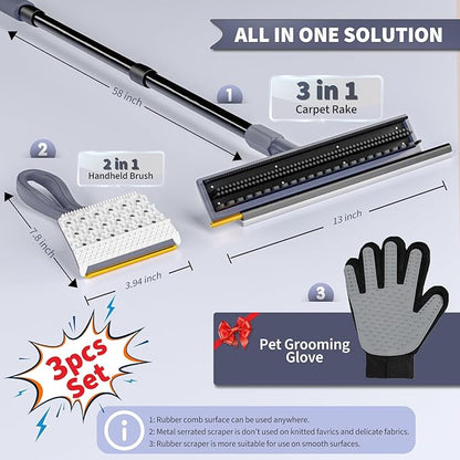 Carpet Rake for Pet Hair Removal - 3 in 1 Pet Hair Remover Tool with 58" Adjustable Long Handle,Reusable Dog & Cat Carpet Scraper,Pet Hair Remover for Rugs,Mats,Couch,Curtains(Gray)