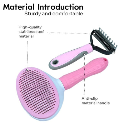 Pet Grooming Combo — Shedding Brush with Metal Comb for Detangling and Removing Undercoat in Long-Haired Dogs and Cats. helping reduce shedding by up to 95%.
