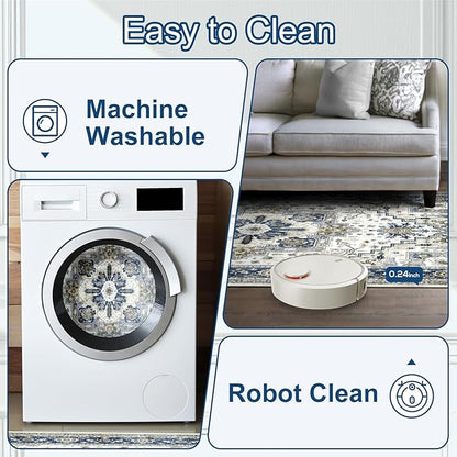 Machine Washable Area Rug 8x10 - Large for Living Room Vintage Oriental Soft Rugs, Low Pile Thin Floor Carpet with Non Slip Backing for Bedroom, Dorm, Under Dining Room Table, Indoor House, Office