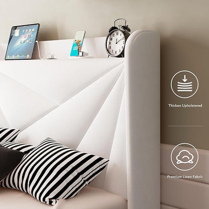 iPormis Twin Size Bed Frame with Charging Station, Velvet Platform Bed Frame with Wingback Headboard Upholstered Bedframe, Solid Wood Slats Support, No Box Spring Needed, Easy Assembly, White