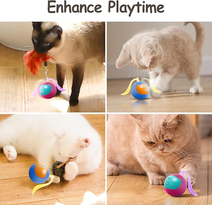Migipaws Interactive Cat Ball Toy Set, Fun Tracker, Automatic Rolling Chase Ball with Fluffy Tail, A Small Mice, Rechargeable (Rose)