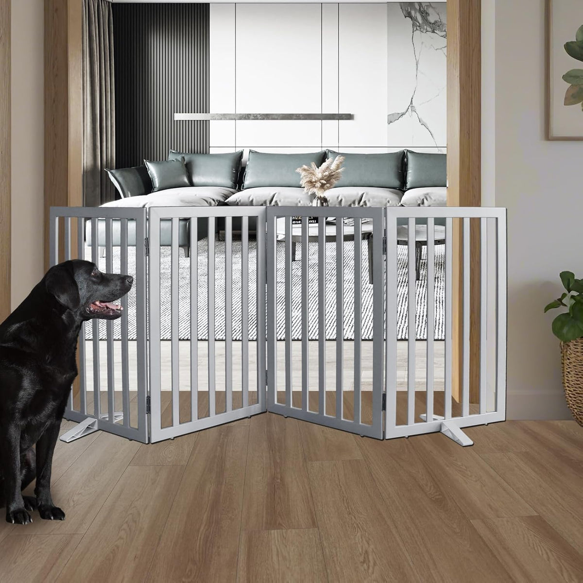 ZJSF Freestanding Indoor Dog Gate for House Foldable Wood Puppy Gate for Doorways Pet Gate for Stairs Extra Wide Pet Fence, Grey, 32" Height 4 Panels