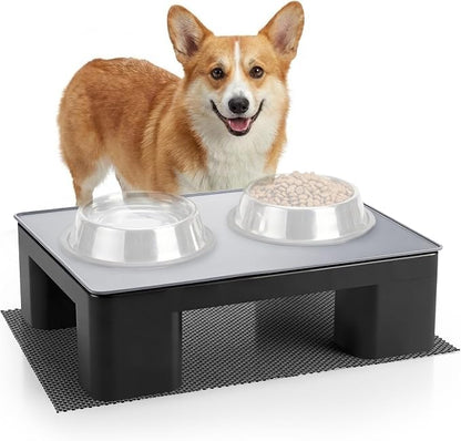 Elevated Dog Bowl Stand with Waterproof Dog Food Mat, Non-Slip, 1 Pc, Black | Reduce Neck & Joint Strain, Easy to Clean Silicone Pet Feeding Mat, Sturdy Legs, Ideal for Small & Medium Dogs and Cats