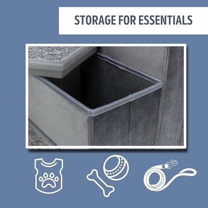 TRIXIE 4-Step Velour Pet Stairs, Gray | Collapsible, Storage Compartments for Pet Toys, Ideal for Dogs and Cats