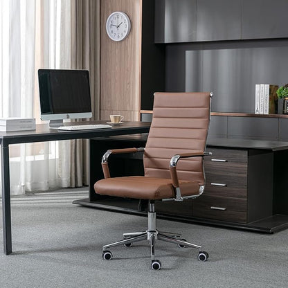 BOWTHY Home Office Chair Ribbed, Modern Leather Conference Waiting Room Chairs,Ergonomic Office Desk Chair, High Back Executive Computer Chair, Adjustable Swivel Chair with Arms (Brown)