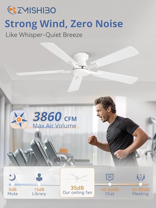 ZMISHIBO 52 Inch Ceiling Fan No Light, Flush Mount Low Profile, Modern White