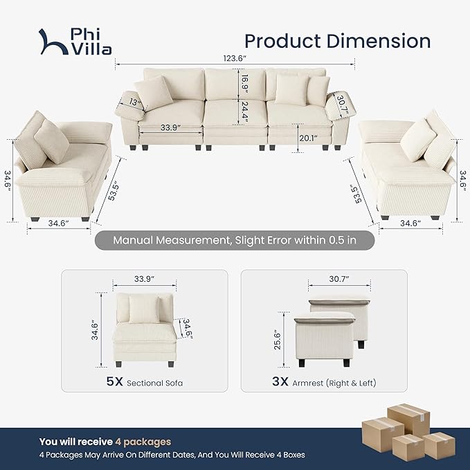 PHI VILLA Cloud Modular Couches Sets, 3 Pieces Large Sectional Sofa Set with Single Sofa, 5-Seater Upholstered Couch for Living Room, Corduroy, Beige