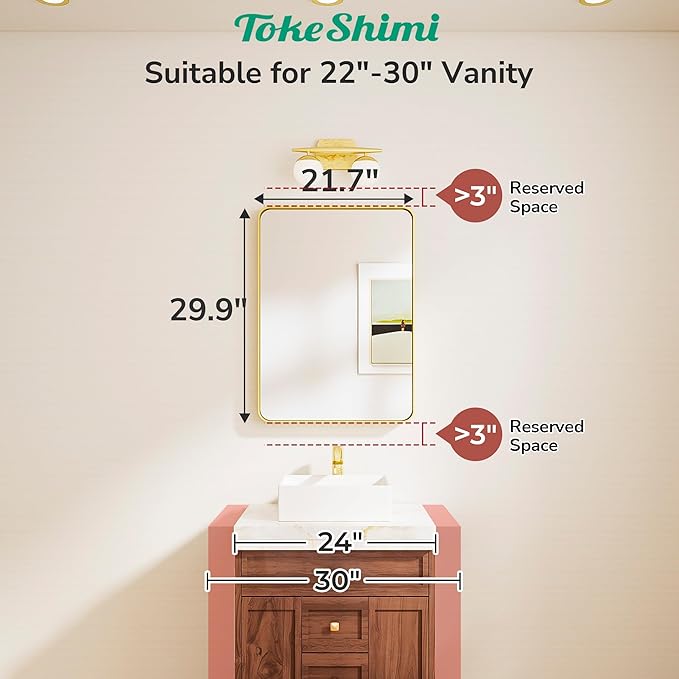 TokeShimi Gold Bathroom Mirror 22x30, HD Tempered Glass, Brushed Gold Bathroom