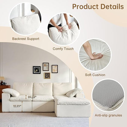 ANONER 108" Cloud Sectional Couches for Living Room, Comfy Fluffy Cloud Couch, L-Shaped Modular Sectional Sofa with Ottoman, White Beige