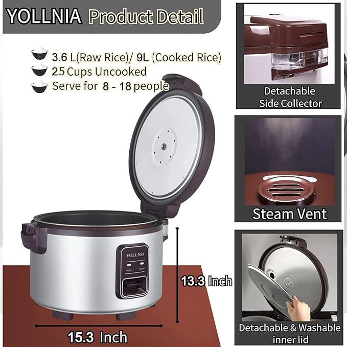 Commercial Rice Cooker & 45 Cups Large Cooker Rice | 8.17Qt Rice Warmer