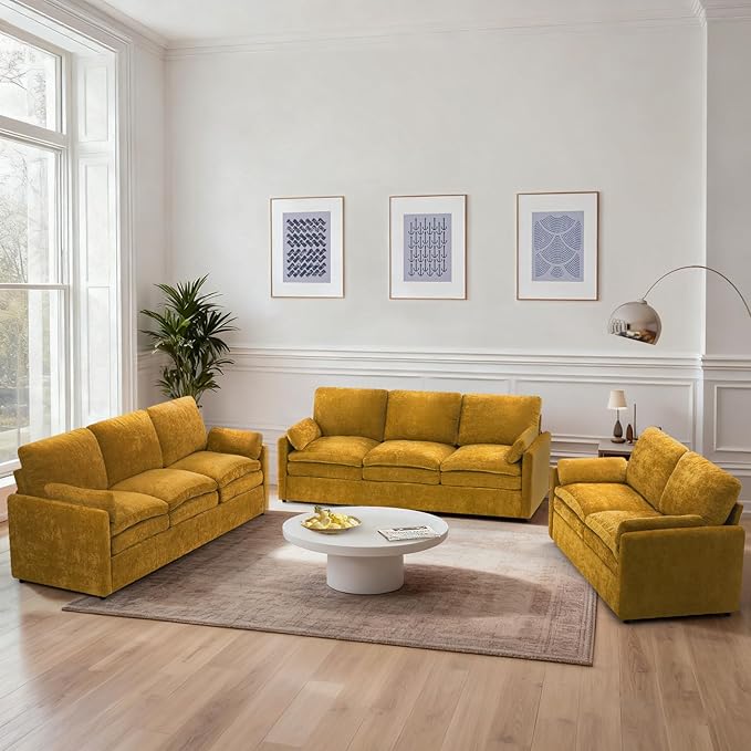 3 Pieces Chenille Sofa Set w/Arm Pillows, Upholstered Loveseat & 2 Pieces 3 Seater Sofa w/Comfortable Back Cushions, Modern 2-Seat & 3-Seat w/High-Density Foam for Living Room, Yellow