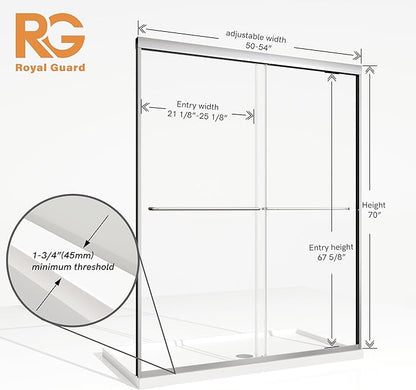 Sliding Shower Door, Royal Guard 50-54" W x 70" H Semi-Frameless Double Sliding
