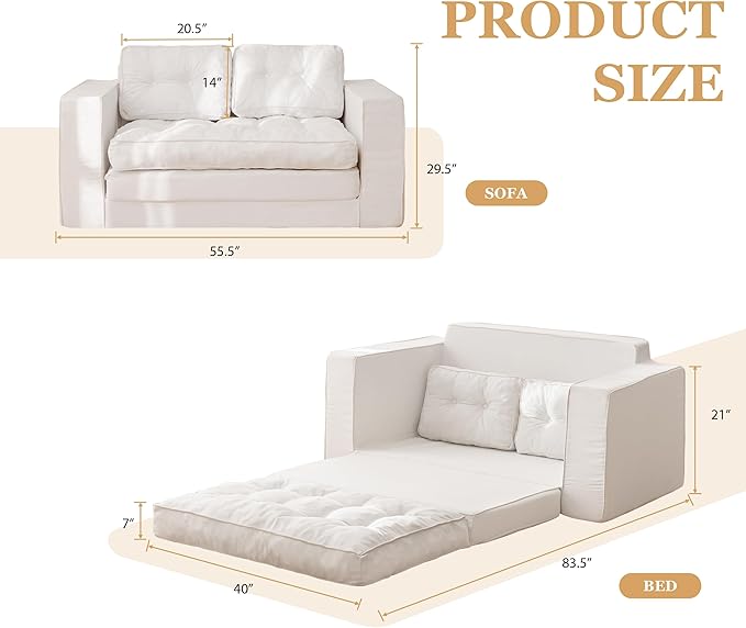 YOSHOOT Loveseat Sleeper Sofa,55" Convertible Sofa Bed Couch Futon Couches for Living Room,3-in-1 Pull Out Floor Couch with Backrest and Pillows, White