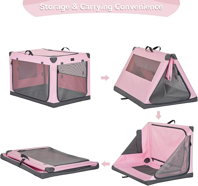 PETSFIT 30" Soft Portable Dog Crate – Patented Spiral Sturdy Frame, Collapsible Travel Kennel for Medium Dogs, 3 Mesh Door, Lockable Zippers, Indoor & Car Use Pink