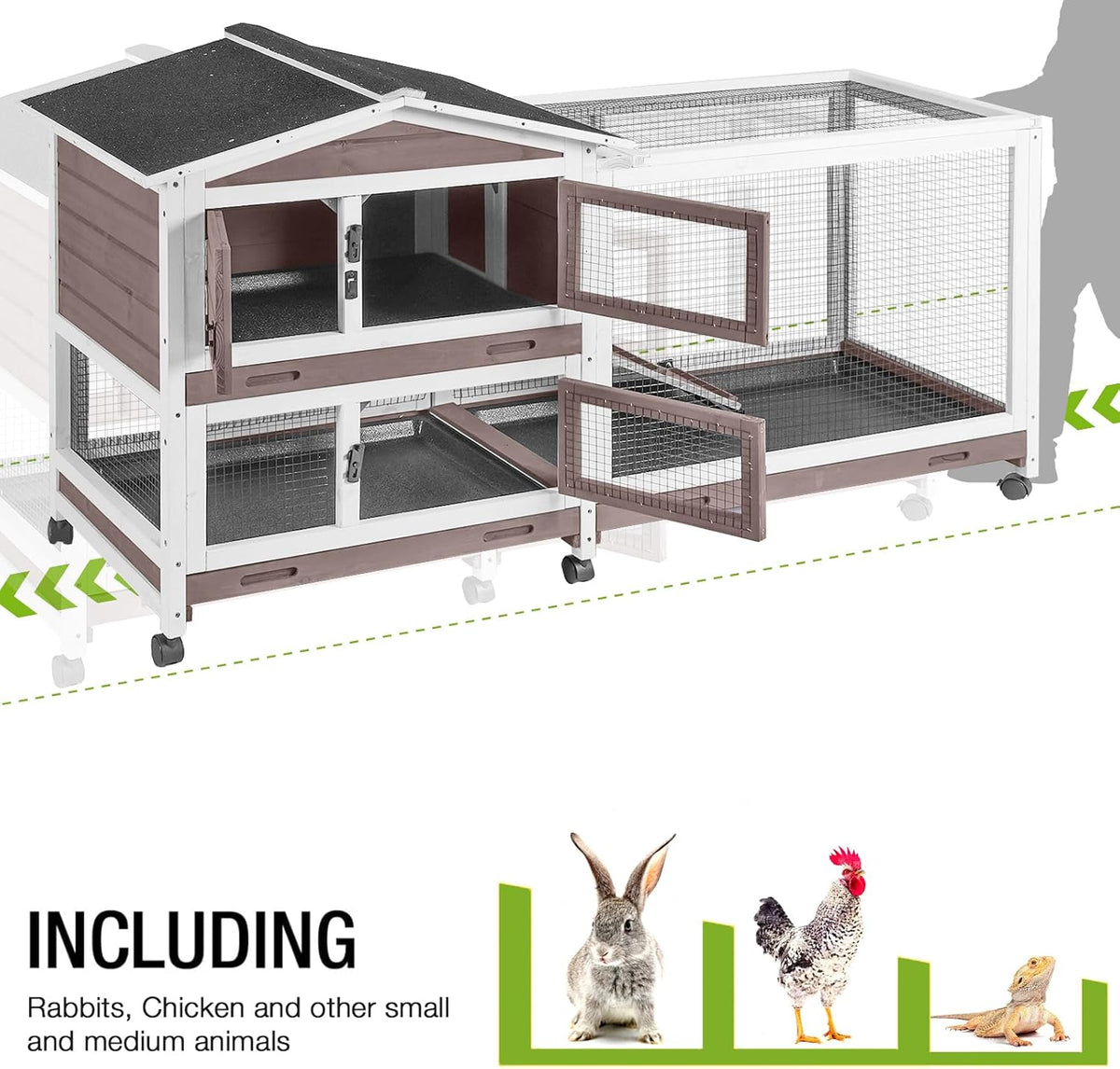 GUTINNEEN Rabbit Hutch with Chew-Resistant Ramp Indoor Bunny Cage Outdoor Guinea Pig Cage with Wheels and Leakproof Tray