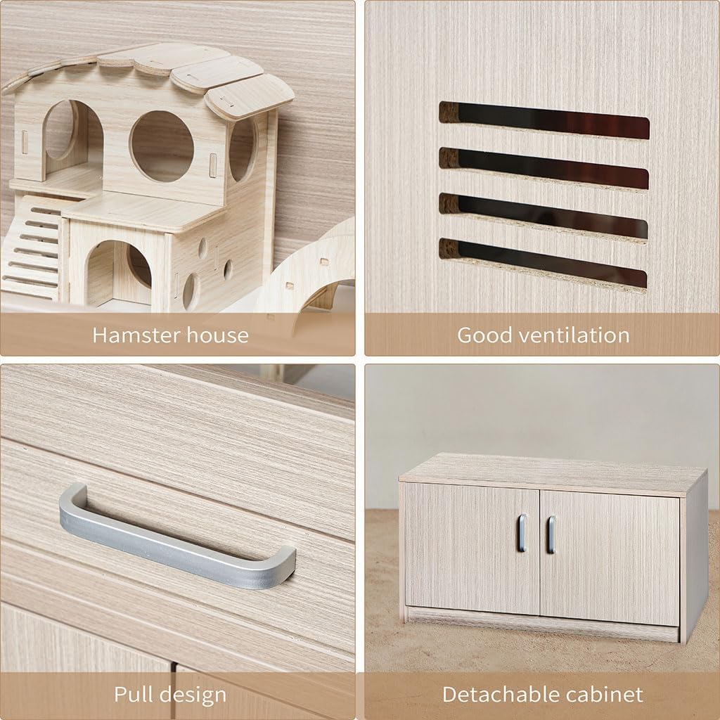 Large Hamster Cage, Wooden Hamster Cages and Habitats with Storage Cabinet and Openable Top Decorative Pet House Acrylic Panels for Hedgehog Gerbil and Rat (31.5"× 15.7"× 33.5")