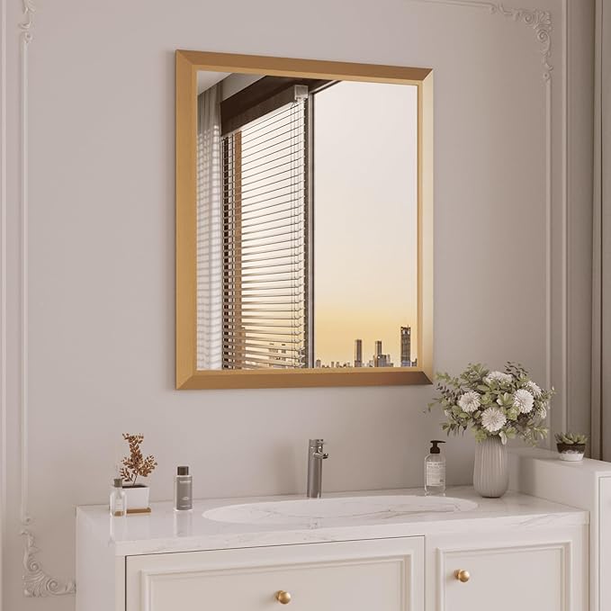 Amorho Bathroom Mirror, 30x36 Inch Golden Thick Metal Framed Wall Mirrors