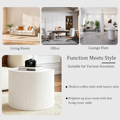 Round Coffee Table Set with Sintered Stone Tabletop, 29.52" White Drum Center Table and 17.71" White Coffee Table Set, 2 Pieces Living Room Table Set with Fluted PU Leather Cover& Stable Base