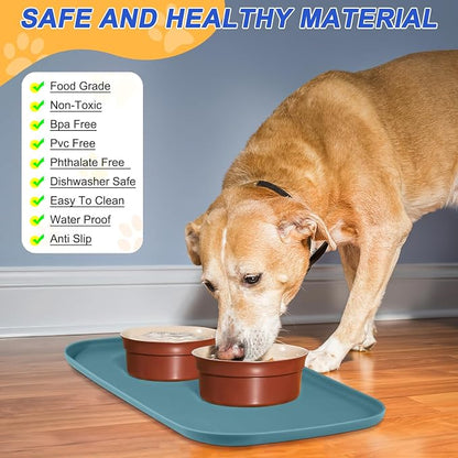 SMILOOL Waterproof Silicone Pet Food Mat with Raised Edge for Dog & Cat | 24" x 16" Non-Slip Pet Feeding Mats with Lip for Food & Water Bowl, Food Grade, Easy Cleaning, Salte Blue