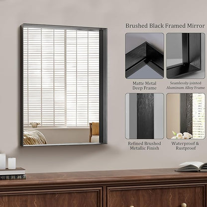 Koonmi 20x30 Inch Black Metal Framed Bathroom Mirror