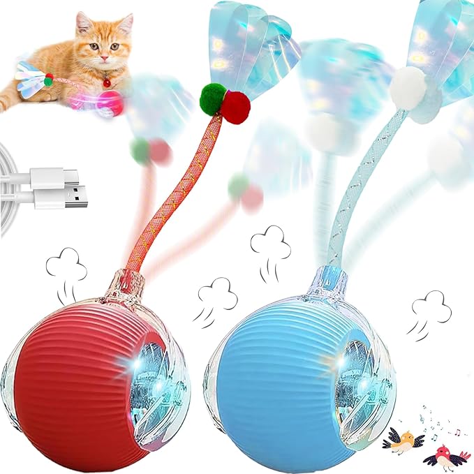 2 Packs Interactive Cat Toys for Indoor Cats, Automatic Cat Toy with Elastic Mesh Tail, Electric Rolling Ball on Carpet, Chirping and Motion Activate Cat