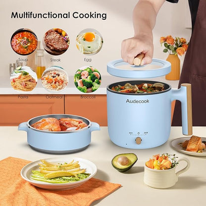 Audecook Hot Pot Electric with Steamer, 1.8L Portable Mini Travel Cooker