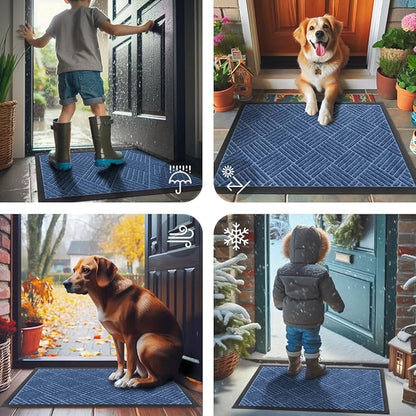 Smiry Front Door Mat Outside Entrance, Heavy Duty Outdoor Indoor Natural Rubber Doormat, Non Slip, Trap Dirt and Moisture, Easy Clean, Low Profile Patio Porch Entryway Mat, 35x23, Blue