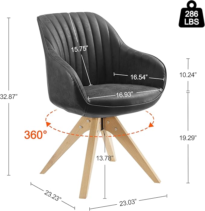 Art Leon Office Chair No Wheels, Mid Century Modern Desk Chair, Swivel Accent Chair with Oak Wood Legs, Faux Leather Upholstered Armchair for Desk, Black