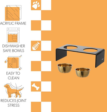 DBL2000B Keaton 5" Small/Medium Modern Lucite Rectangular Elevated Pet Feeder with 20oz 2-Stainless Steel Bowls, Black/Gold
