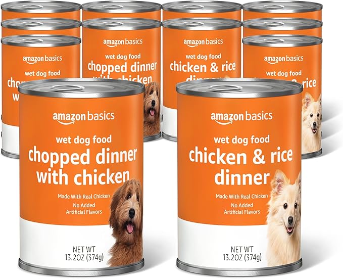 Amazon Basics Chopped Ground Dinner Wet Dog Food Variety Pack, Chicken and Rice Flavor and Chopped Dinner with Chicken, Made with Natural Ingredients, 13.2oz Cans (Pack of 12)