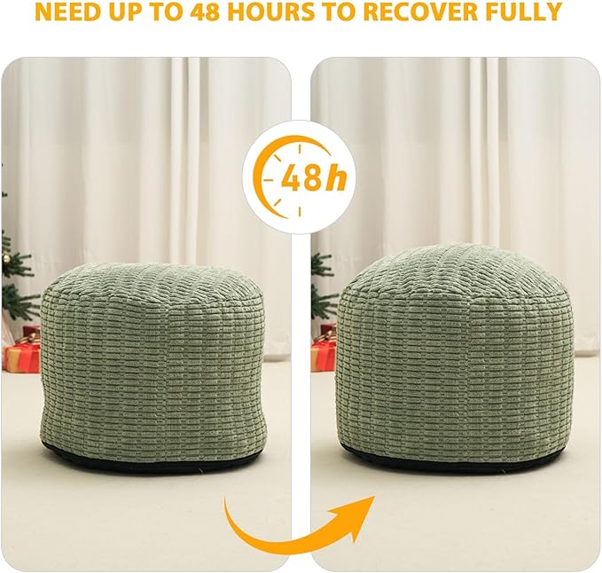 Round Stuffed Pouf Ottoman for Foot Rest, Storage Ottoman Pouf Foot Stool Cushion, Faux Fur Poufs with Foam Chunk Filling, 20 X 15 Inch Floor Chair for Living Room Bedroom Home Decor, Green