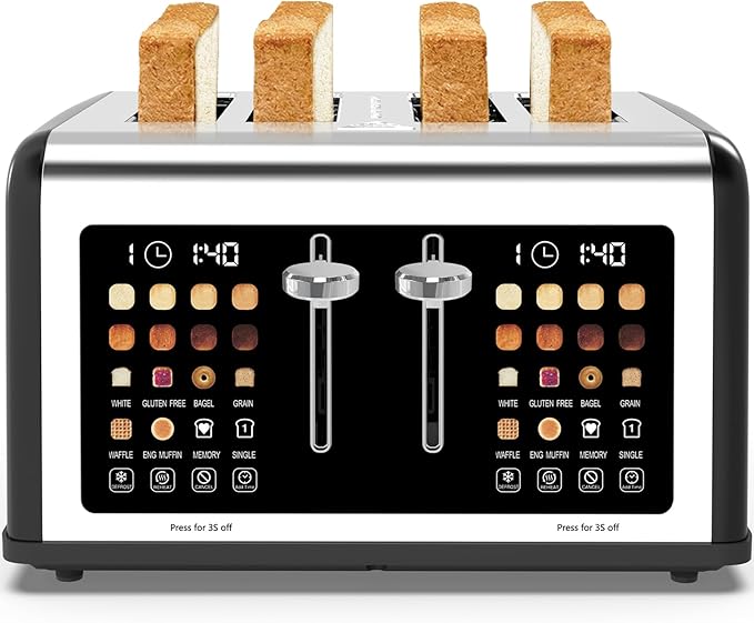 4 Slice Toaster Touch Screen, Stainless Steel Toasters Digital Timer, Dual