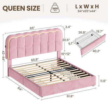 Queen Size Bed Frame with 4 Storage Drawers and LED, Adjustable Clouds Headborad, Velvet Upholstered Platform Queen Bed Frame with Charing Station, Wood Slats Support, No Box Spring Needed,Pink