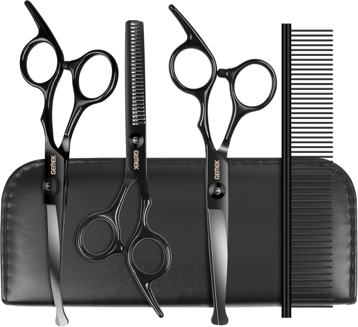 Dog Grooming Scissors Kit with Safety Round Tips, GEMEK Professional 5 in 1 Grooming Scissors for Dogs (Black 5 in 1)