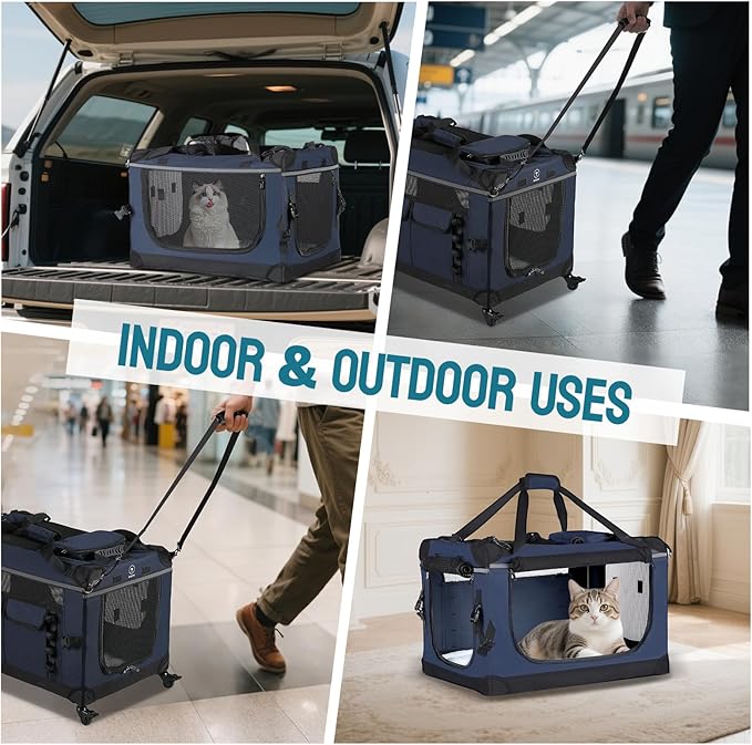24-inch Foldable Cat Carrier with Removable Wheels – Large Pet Travel Carrier for Cats & Small Dogs, Breathable & Sturdy for Car Rides (Holds up to 44lbs)