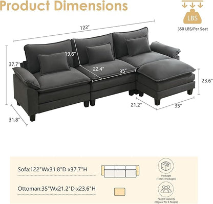 URRED Cloud Couch Modular Sectional Sofa, 122'' Modern L Shaped Deep Seat Sofa with Ottoman & Pillows, Ultra Comfy Velvet Couches for Living Room, Bedroom or Apartment, Dark Gray