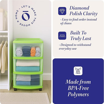 HOMZ Drawer Tower, 3-Tier Clear Plastic Storage Organizer Cart, Bold Lime Frame