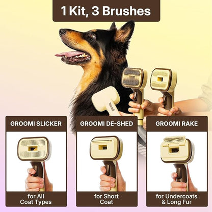 GROOMI Vacuum Pet Brush Kit – 3‑in‑1 Dog & Cat Grooming Tool, Self‑Cleaning Deshedding Brush & Pet Hair Remover, Universal Vacuum Attachment Including Dyson, Short, Medium & Long Fur, All Breeds