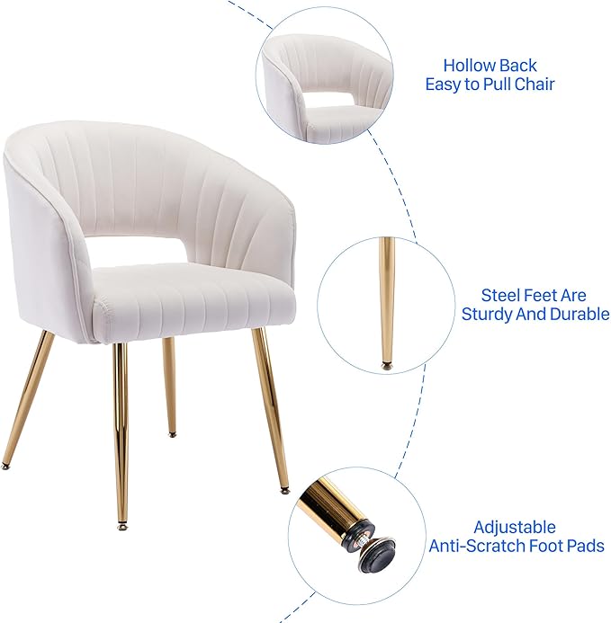 KCC Modern Velvet Dining Chairs Set of 4, Cream, Hollow Back, Tufted Kitchen Chairs Side Chairs with Gold Metal Legs for Living Room