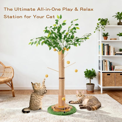 45" Tall Cat Scratching Post with Toy | Sisal Rope, Track Balls, Slef-Grooming Brush, Hanging Ball Toy