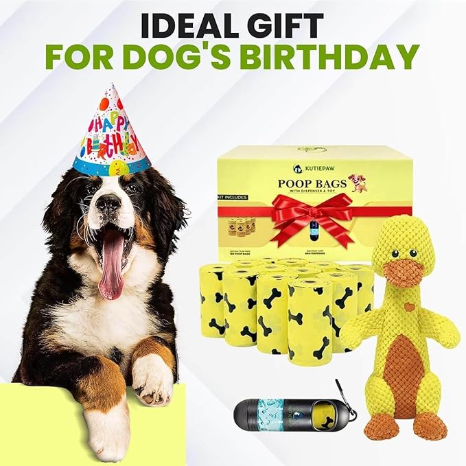 Dog Poop Bag Kit - 180 Biodegradable Lemon Scented Poop Bags for Dogs, Duck Plush Toy & Dispenser with Sanitizer - Leak Proof Extra Thick Compostable Dog Waste Bags for Eco-Friendly Walks