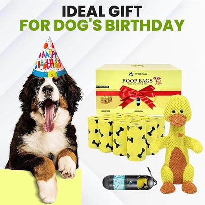 Dog Poop Bag Kit - 180 Biodegradable Lemon Scented Poop Bags for Dogs, Duck Plush Toy & Dispenser with Sanitizer - Leak Proof Extra Thick Compostable Dog Waste Bags for Eco-Friendly Walks